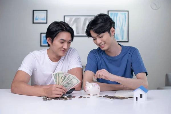 Young Happy Asian Gay Couple Saving Money Buy House Lgbt — Stock Photo, Image