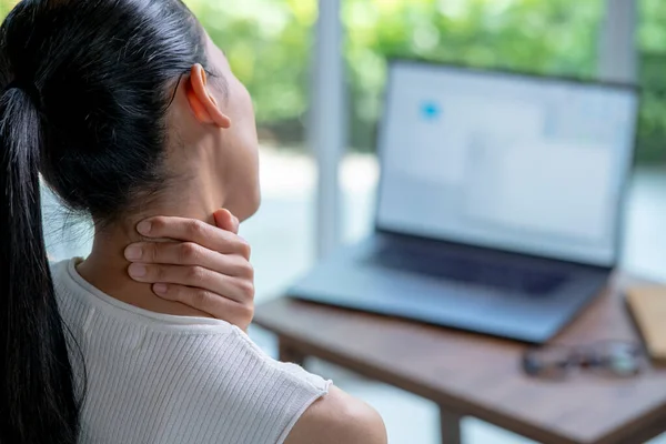 Young Asian Woman Suffering Neck Pain Home Office Stock Picture