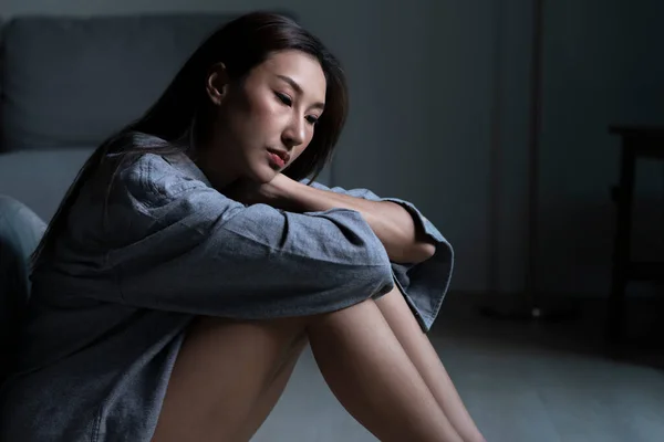 Young Asian Woman Bedroom Feeling Sad Tired Worried Suffering Depression — Stock Photo, Image