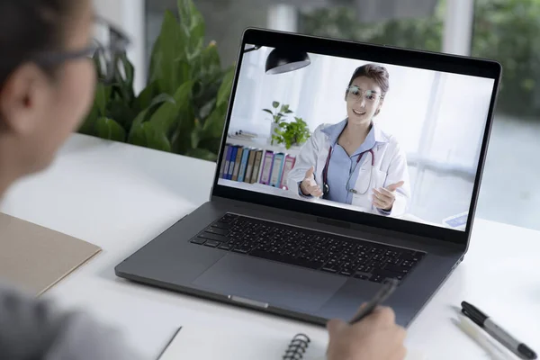 Young Asian Woman Have Video Call Doctor Home Female Patient Stock Image