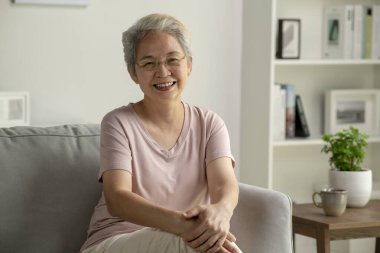 Evdeki kanepede oturan gülümseyen Asyalı son sınıf öğrencisinin portresi.