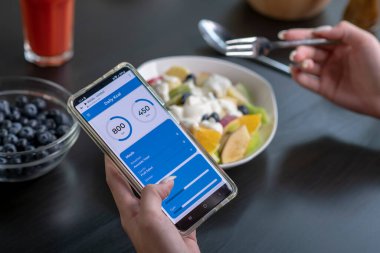 Yemek yerken telefonundaki kalori ve besin uygulamalarını kontrol eden bir kadın. Profesyonel Beslenme Uzmanı.