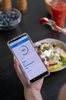 Woman checking calories and nutrients app on her phone while having a meal. Professional Nutritionist.	