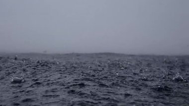 Sonsuz okyanusa yağmur damlaları düşer, yakın mesafeden. Kısa bir süre sonra deniz yüzeyine çarpar, ağır çekimde..