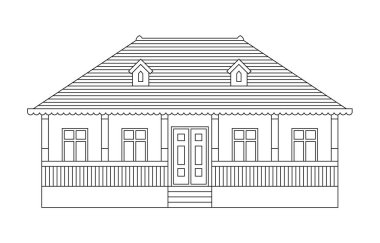 Köylü evi çizimi basit. Ahşap çatı vektör çizimine sahip geleneksel çiftlik evi.