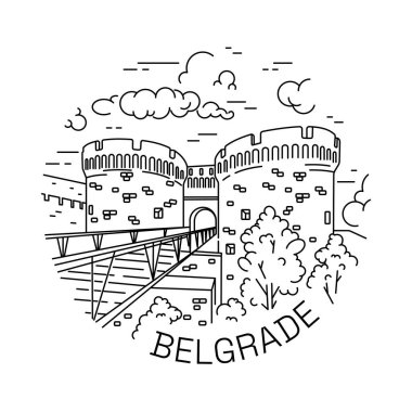 Belgrad Şehir Çizgisi Sanat İllüstrasyonu. Sırbistan 'ı gezmek. Eski Kale Görünümü.