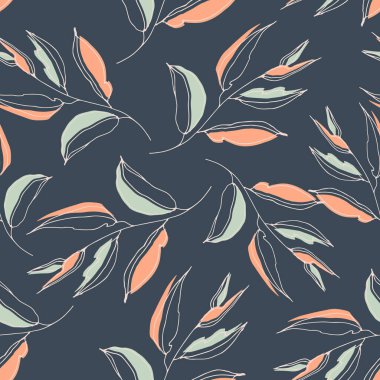 Palmiye yaprakları iz bırakmış, tropik ve pürüzsüz bir iz. Orman egzotik bitkisi. Vektör yapraklı arka plan. Parlak botanik elementler.