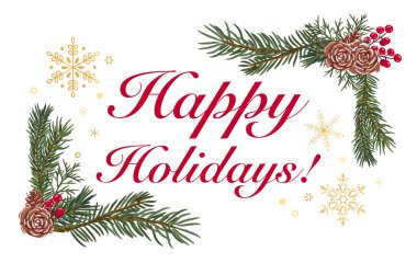 Yeni yıl kompozisyonu ya da Noel dekorasyonu için botanik çerçeve unsurları. Dallar, kırmızı böğürtlen ve koni vektör çizimi. Altın kar taneleri şekilleri