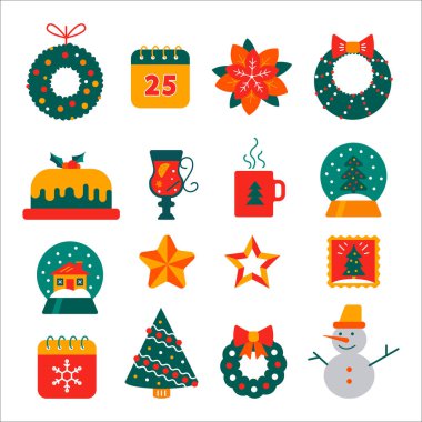 Kış tatili unsurları ve özellikleri. Noel illüstrasyon simgeleri ayarlandı.