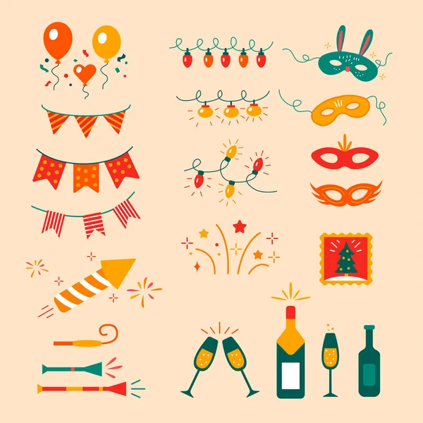 Party Icons Set Event Celebration Elements Christmas Decorations Attributes Vector — Stock Vector
