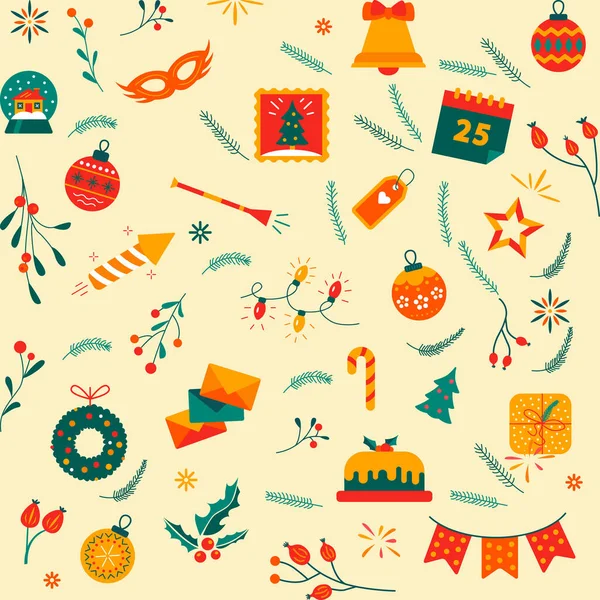 Winter Holidays Seamless Pattern Christmas Vector Icons Set Winter Elements — Stock Vector