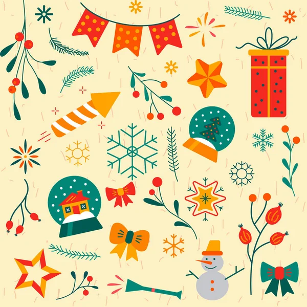 Wintervakantie Naadloos Patroon Kerst Vector Pictogrammen Ingesteld Winterelementen Illustratie — Stockvector