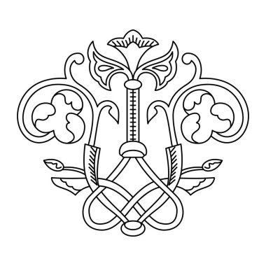 Antik dekoratif desen. Dekoratif element vektör çizimi. Mimari çiçek elementi. Kelt tarzı sembol sanatı. Çiçek süsleme bölücüsü.