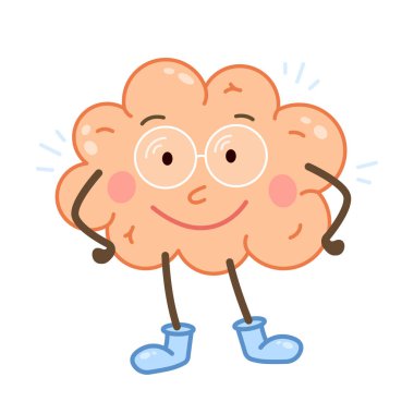 Beyin karakteri çizgi film stili çizimi. Akıllı ve mutlu beyin maskotu vektör çizimi.