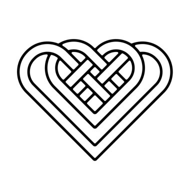 Üçlemeci düğümü Kalp sembolüyle iç içe geçmiş. Wiccan triqueta sembolü tasarımı. Vektör satırı sanatı.