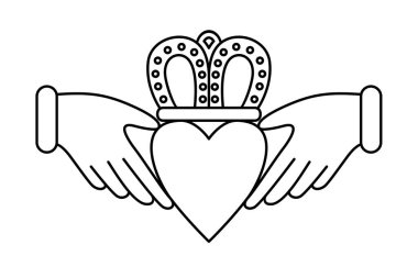 Claddagh sembolü vektör çizimi. Geleneksel sevgi, dostluk ve sadakat sembolü. Taçlı bir kalp çizgisi sanatını tutan iki eli kenetlenmiş..