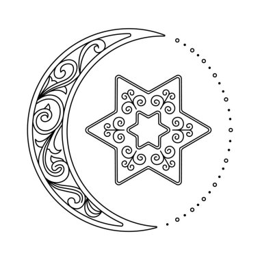 Star and crescent moon line art vector illustration. Celestial bodies contour drawing. clipart