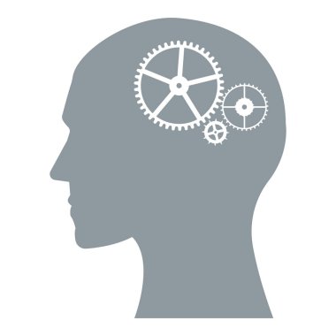 İnsan kafasındaki dişliler. Düşünce sürecinin sembolü, yansıma, problem çözme.
