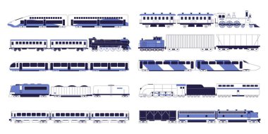 Birçok tren ve lokomotif seti. Modern ve eski, yolcu ve kargo.
