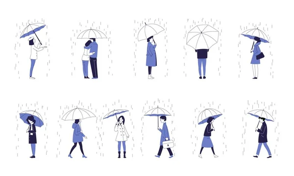 Set People Walking Standing Waiting Umbrellas Rain — Stock Vector