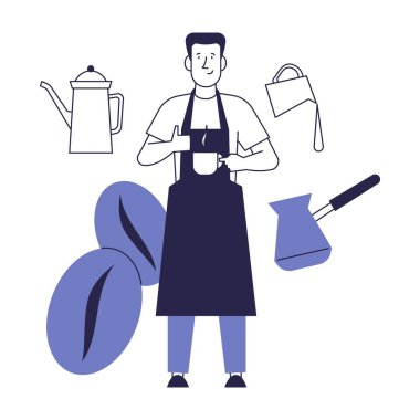 Kahveci kahve hazırlar. Kahve teması üzerine vektör kavramı.