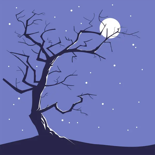 Gruseliger Alter Baum Vor Dem Hintergrund Eines Nachthimmels — Stockvektor
