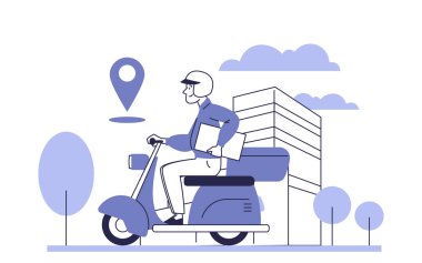 Kurye teslimatı. Motosikletli bir teslimatçı şehirde geziyor..