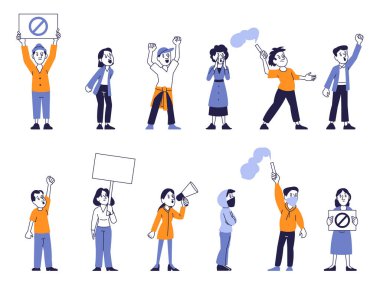 Tabela, işaret fişeği ve megafonla protesto eden insanların düz stil çizimi. Eylemciler ve göstericiler mitingde özgürlük, hak, sosyal veya siyasi değişim için grev veya protesto yapıyorlar.