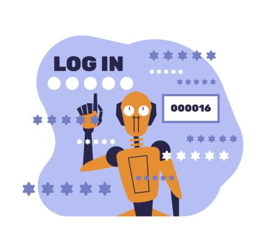 Robot hack kullanıcı hesabı yapay zeka şifresi, siber güvenlik tehdidi, karikatür robot kaba kuvvet saldırısı, dijital veri sızıntısı konsepti.