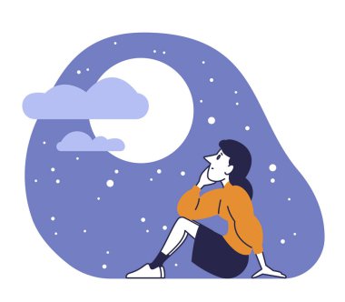 Yıldızlı gece gökyüzünün altında oturan genç kadın dolunaya bakıyor ve hayal kuruyor. Huzurlu bir akşam yalnızlığı.