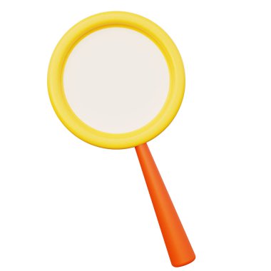 Büyüteç bulma ve optik arama simgesi. Sarı renk. Beyaz arka planda çizgi film tarzı. 3B görüntüleme. 