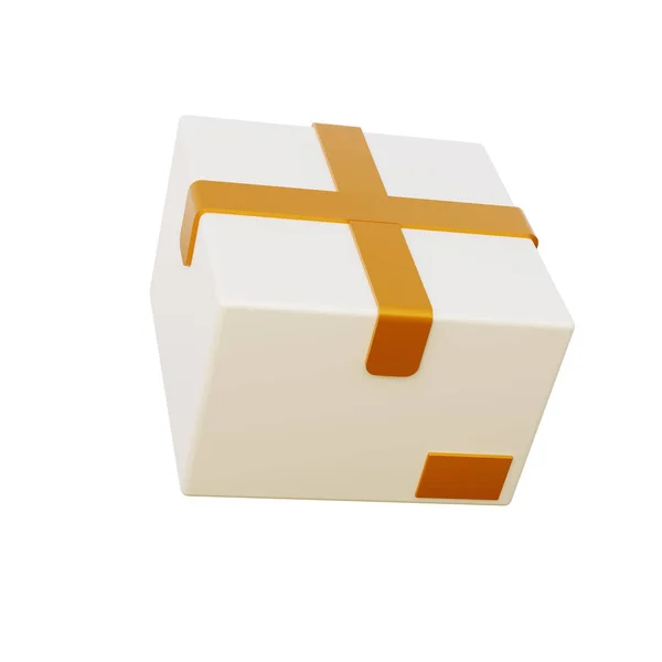 白色和金色 纸板箱或包裹在白色背景上隔离 3D图标 最小的图标 3D渲染 卡通风格 — 图库照片