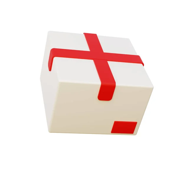 白色和红色 纸板箱或包裹在白色背景上隔离 3D图标 最小的图标 3D渲染 卡通风格 — 图库照片