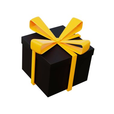 Altın kurdeleli 3D siyah hediye kutusu. Üç boyutlu simge. 3D uçan modern tatil sürpriz kutusu. Çizgi film biçimi