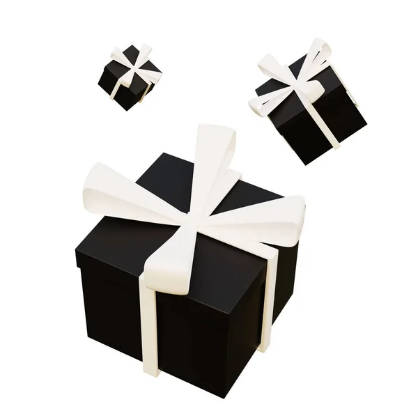 Trzy Czarne Pudełka Białą Wstążką Ikona Renderowania Latające Nowoczesne Pudełko — Zdjęcie stockowe