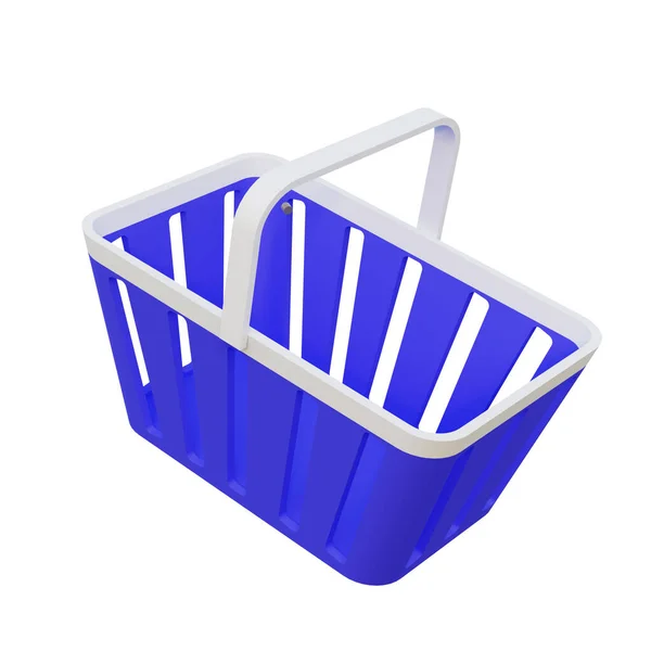 白い背景に隔離された空の青いショッピングバスケット 3Dレンダリング 3Dアイコン ショッピングのコンセプト — ストック写真