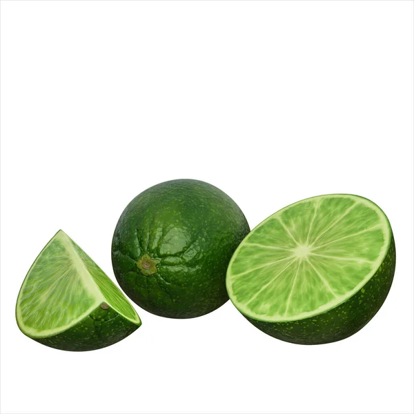 Een Hele Een Halve Verse Groene Limoen Realistische Render Voedselelement — Stockfoto