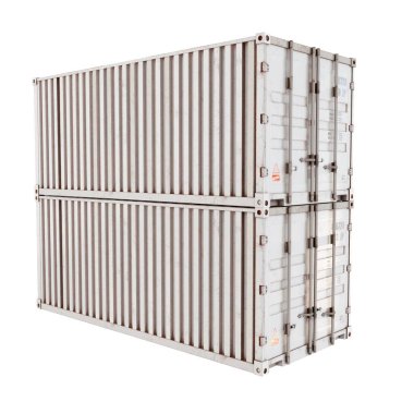 İki Gri Kargo Konteynırı. Nakliye konteynırı. Gerçekçi 3 boyutlu canlandırma. Beyaz Arkaplanda İzole Edilmiş.