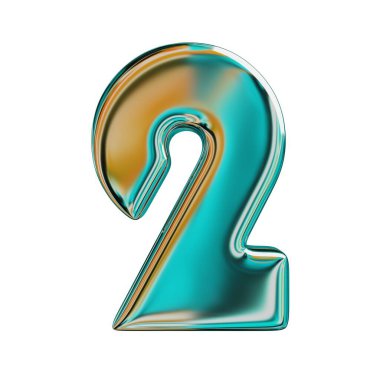 Mavi Holografik Numara 2. Gerçekçi 3 boyutlu canlandırma. Beyaz Arkaplanda İzole Edilmiş.