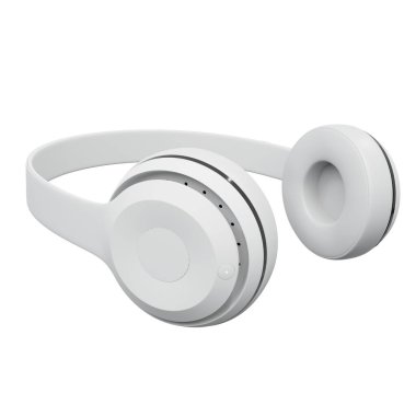 Müzik için beyaz kablosuz kulaklıklar. Gerçekçi 3 boyutlu canlandırma. Beyaz Arkaplanda İzole Edilmiş