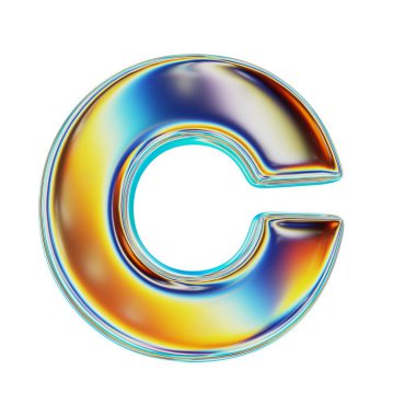 Renkli Holografik Harf C. Gerçekçi 3D Render. Beyaz Arkaplanda İzole Edilmiş.