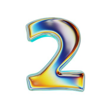Renkli Holografik Metalik Numara 2. Gerçekçi 3 boyutlu canlandırma. Beyaz Arkaplanda İzole Edilmiş.