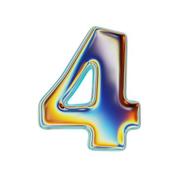 Renkli Holografik Metalik Numara 4. Gerçekçi 3 boyutlu canlandırma. Beyaz Arkaplanda İzole Edilmiş.