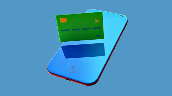 Kredi kartlı mavi cep telefonu. Mavi Arkaplanda İzole Edilmiş. 3B Hazırlama