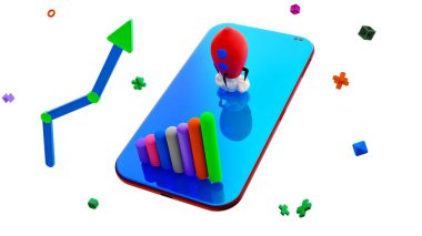 Roket fırlatmalı mavi cep telefonu. Beyaz arka planda izole edilmiş. 3B Hazırlama