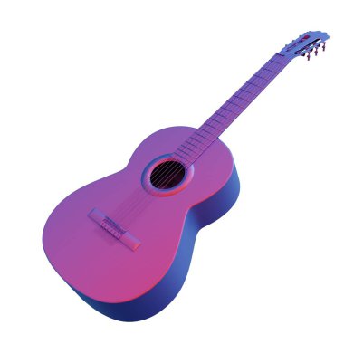 Pembe Mavi Gradyan Akustik Gitar 3D Simgesi. Beyaz arka planda izole edilmiş. 3 Boyutlu Hazırlama