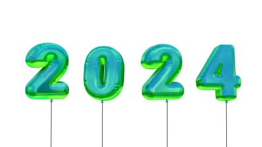 Yeni Yıl Noel 2024 Yeşil Mavi Sayılar Balonlarıyla. Tatil Kutlama Tasarımı. 3 boyutlu görüntüleme. Beyaz arkaplanda izole.