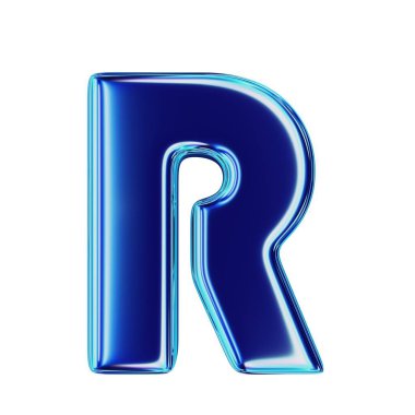 R Mavi Metalik harfi. Beyaz arka planda izole edilmiş. 3B görüntüleme.