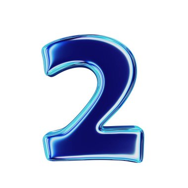 Mavi Metalik Numara 2. Beyaz arka planda izole edilmiş. 3B görüntüleme.