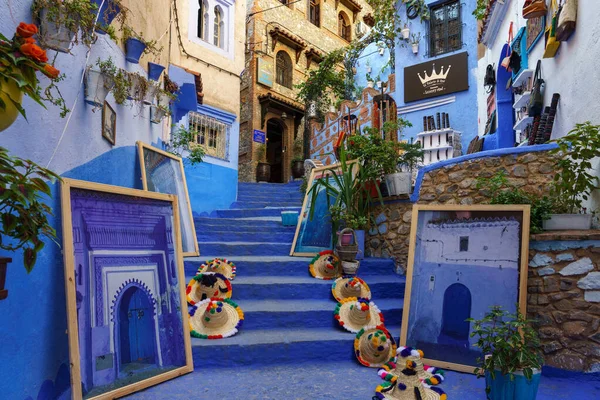 North Africa Morocco Chefchaouen Typical Decorated Blue Street Medina Fotos De Bancos De Imagens